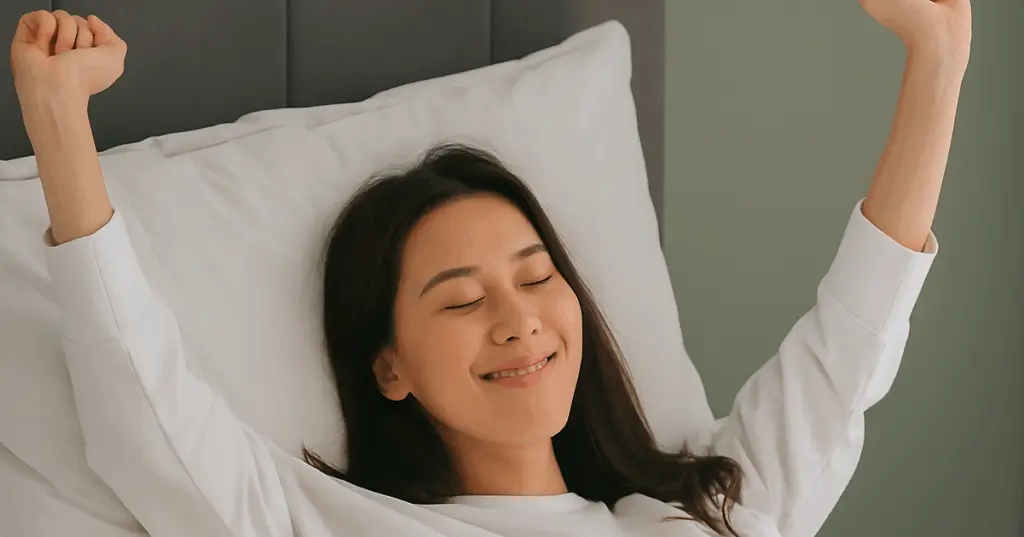 asian woman woke up smiling after a peaceful sleep