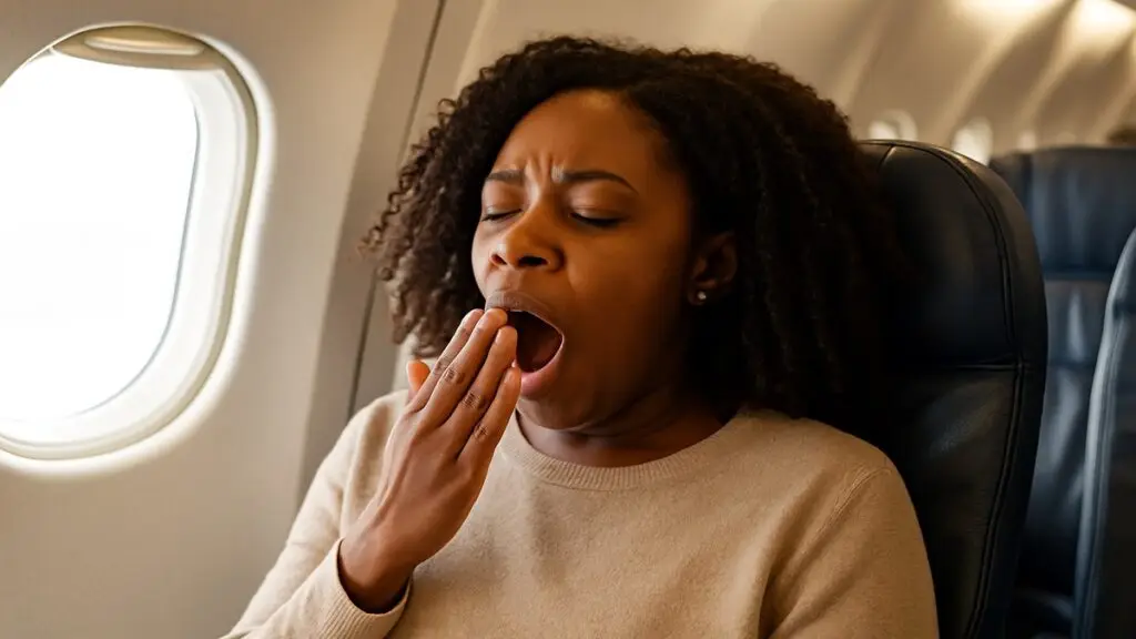 jet lagged black woman yawning in an airplane