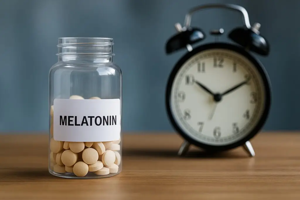 melatonin tablets in a glass jar and clock on a table