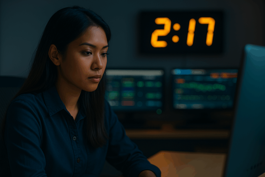 asian woman working in night shift at 2:17 am
