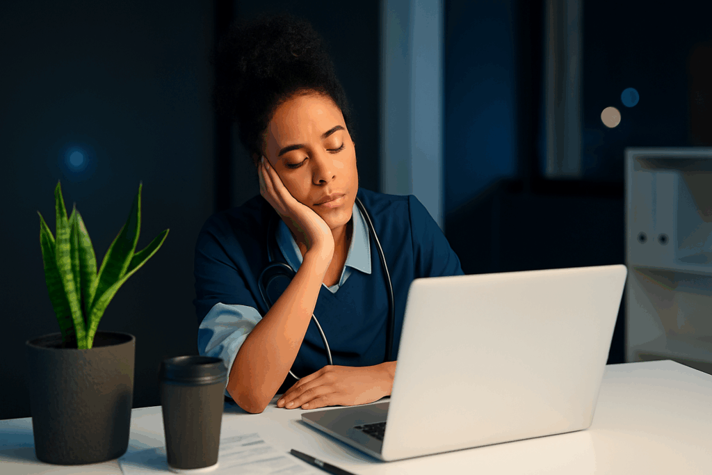 a sleepy female night shift worker with a laptop on the table