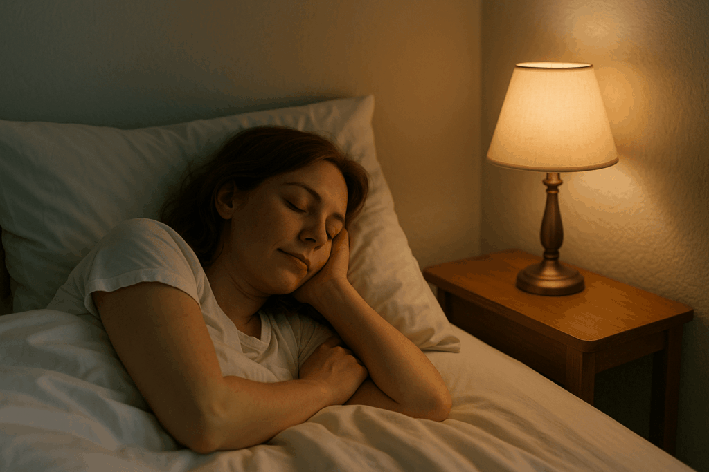 a white female sleeping peacefully on pillow and bed with lamp on the side table