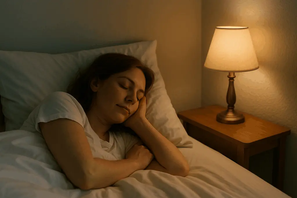 a white female sleeping peacefully on pillow and bed with lamp on the side table