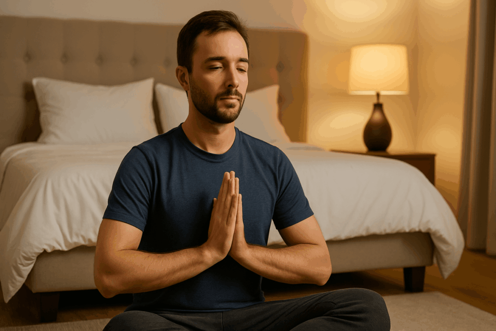 man doing yoga in room with bed and lamp