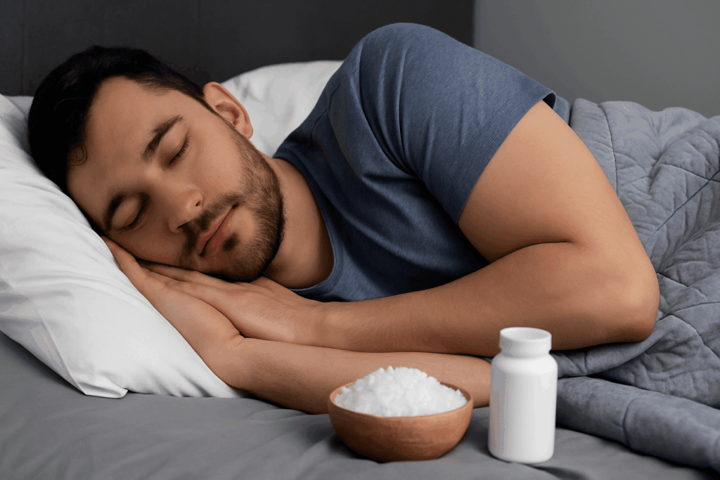 Sleeping man with magnesium supplements nearby