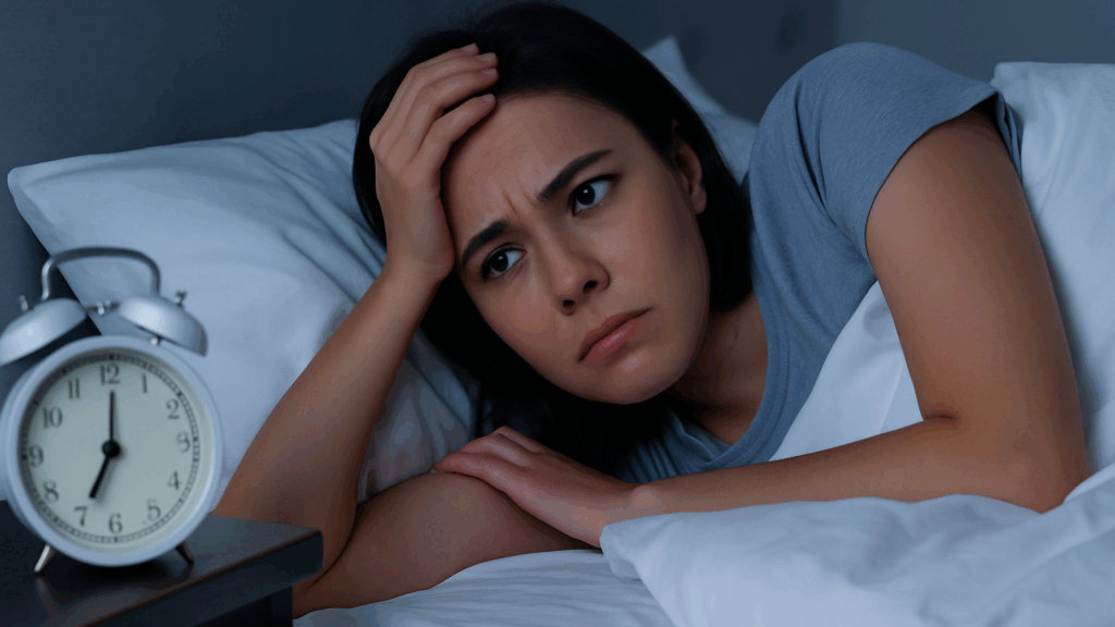 sleep deprived woman in bed and a clock