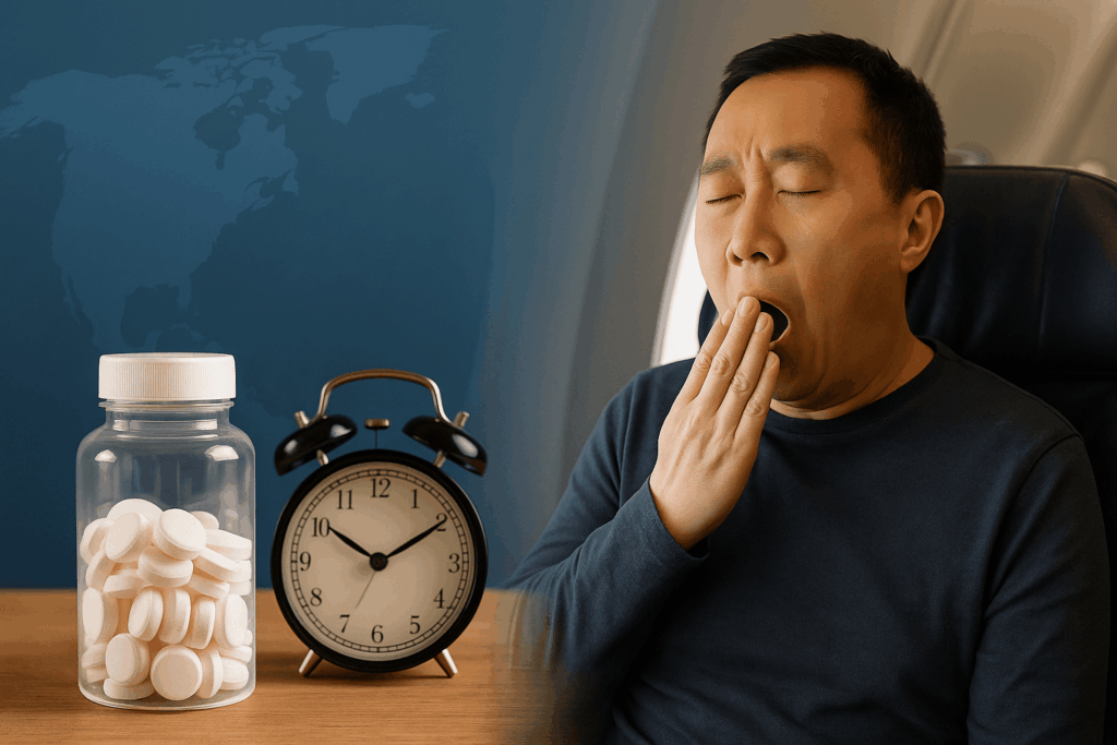 man yawning due to jet lag with melatonin tablets and clock on the table