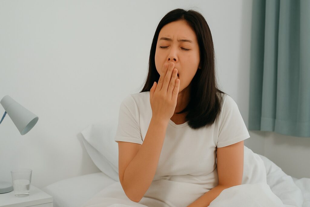 sleepy asian woman yawning on her bed