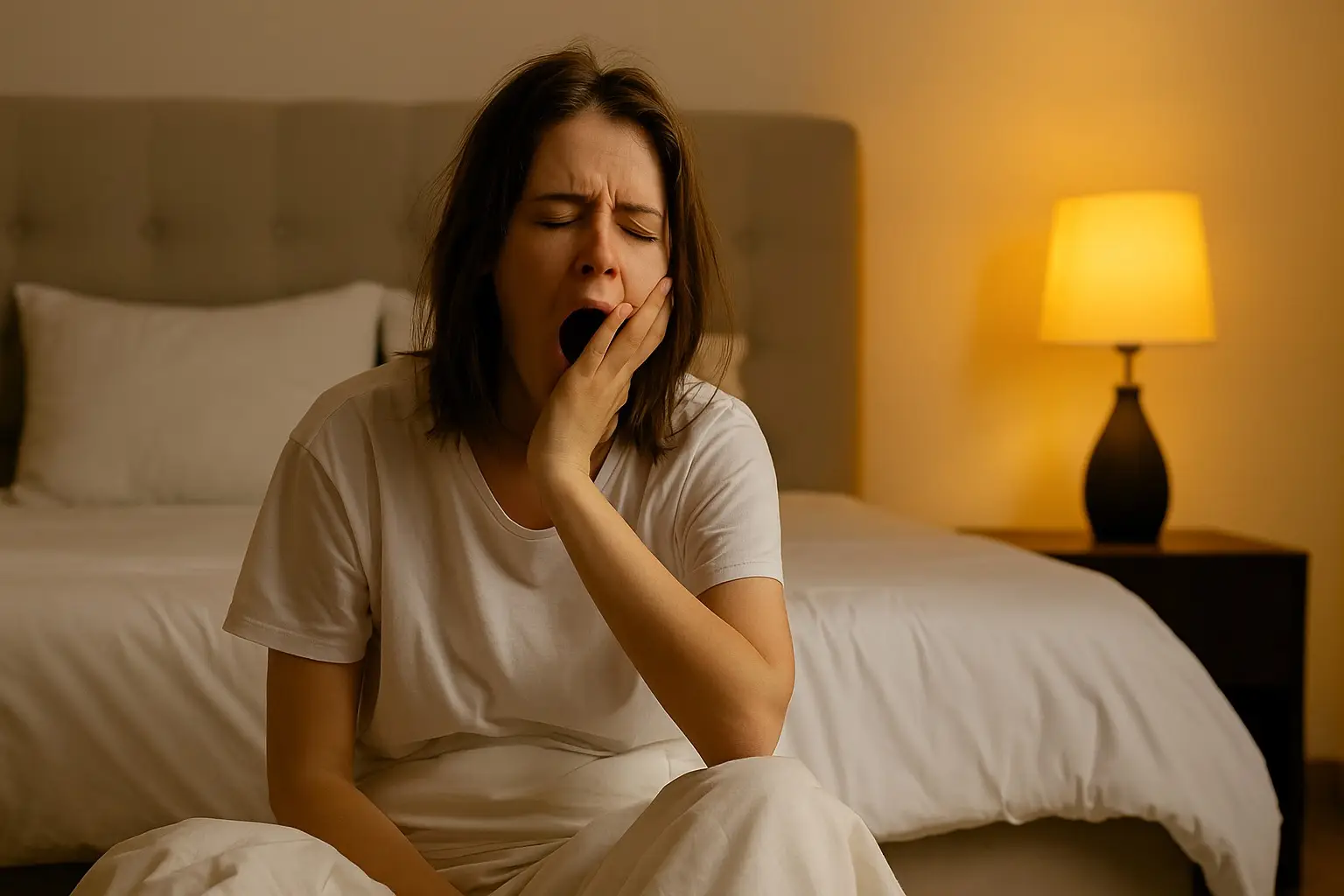 woman yawning while sitting on floor in her bedroom