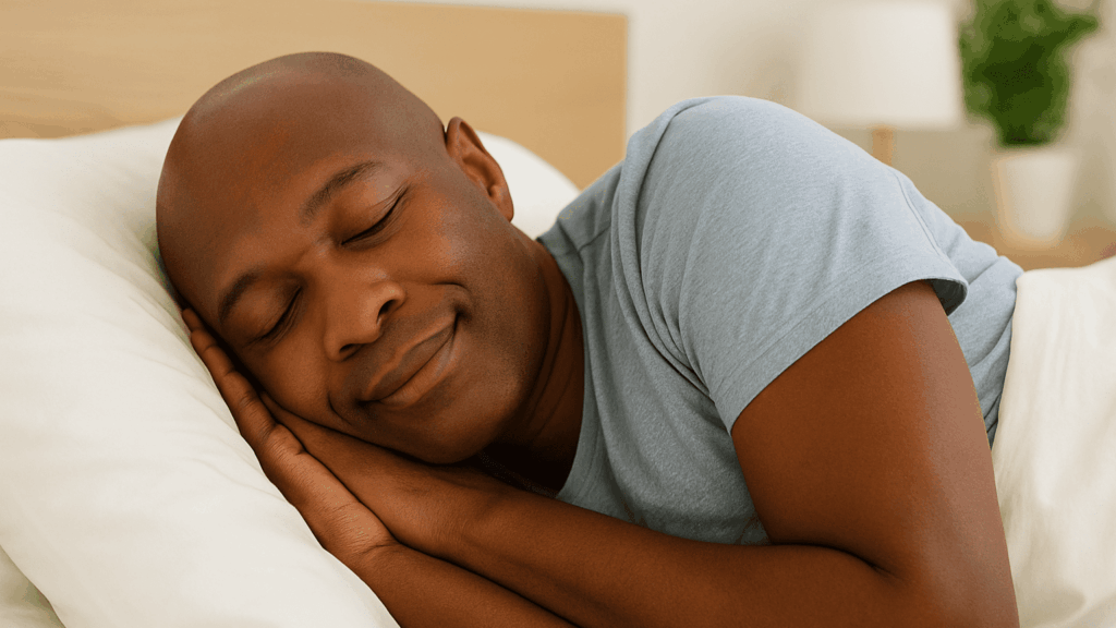 black blad man sleeping peacefully on his side on a white pillow