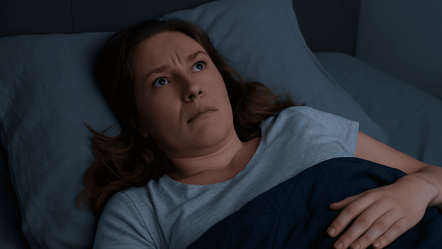 insomniac woman unable to sleep in her bed