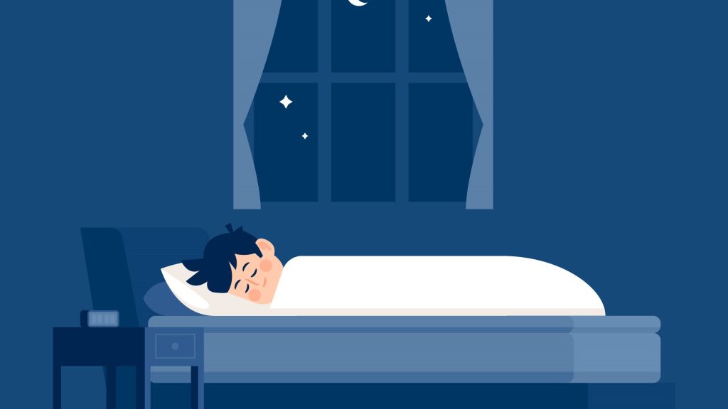 illustration of a person sleeping peacefully in bed at night after online sleep coaching program by quadra wellness