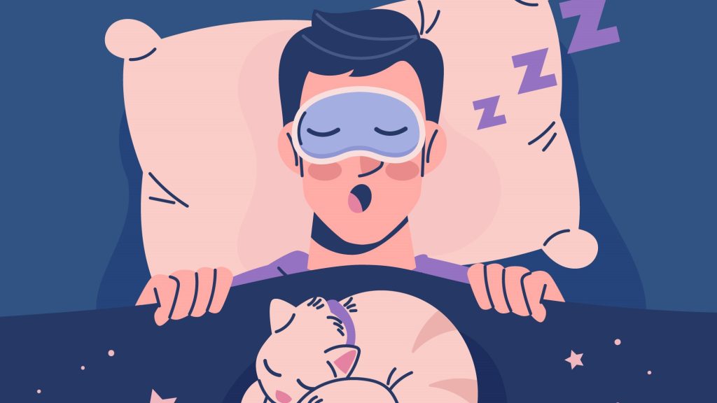 illustration of a man with a sleep mask snoring in bed and a cat sleeping on his chest