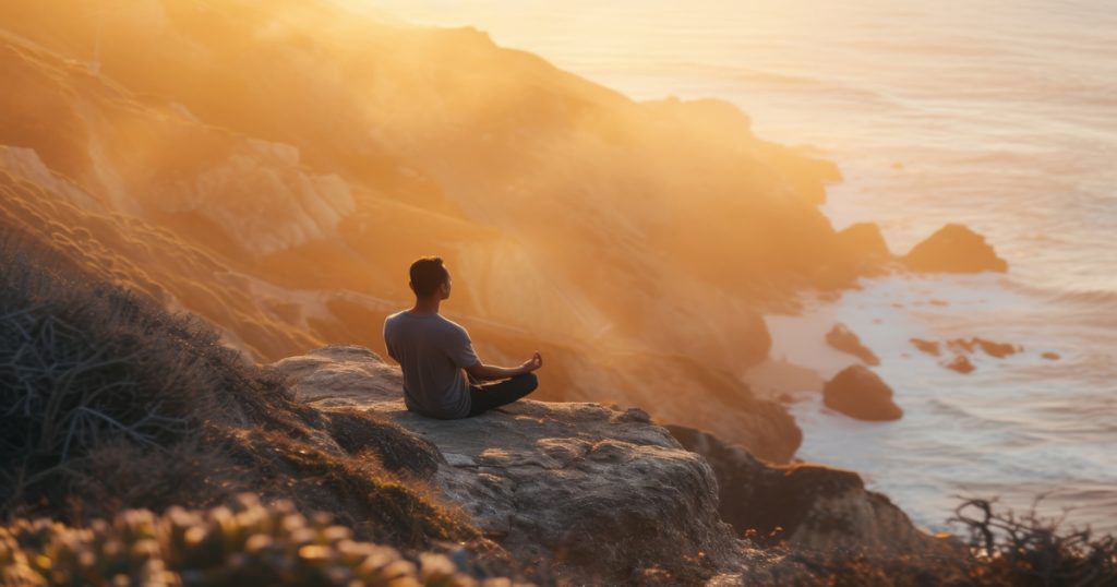 man meditating at sunset on a cliff demonstrating act sleep therapy mindfulness