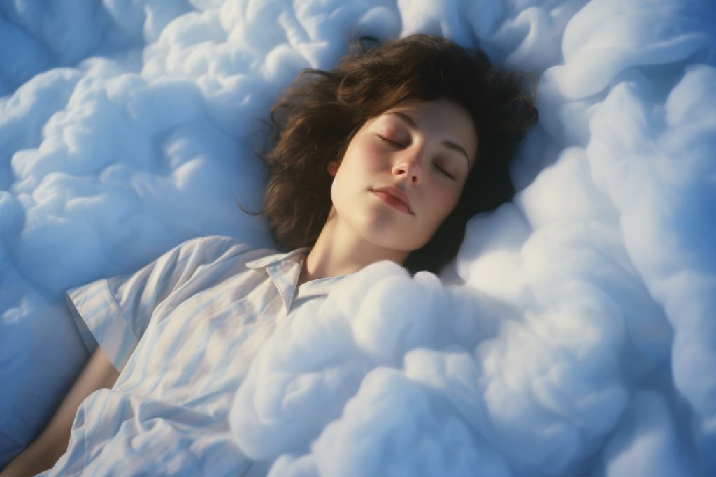 beautiful young woman with high quality sleep sleeping peacefully on clouds