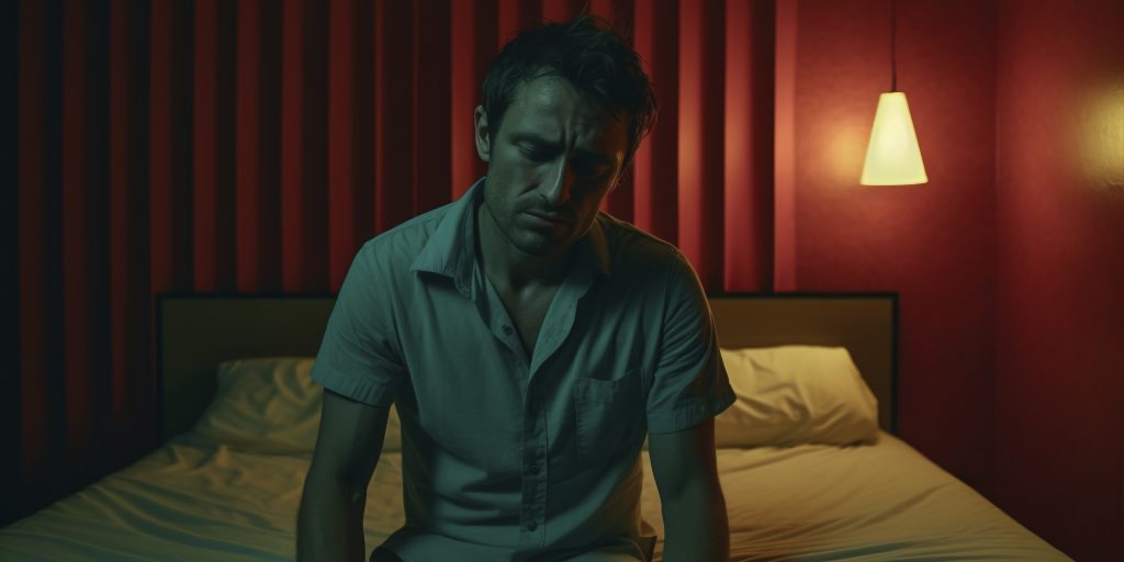 man sitting on bed looking despondent to represent the emotional toll of sleep paralysis and anxiety