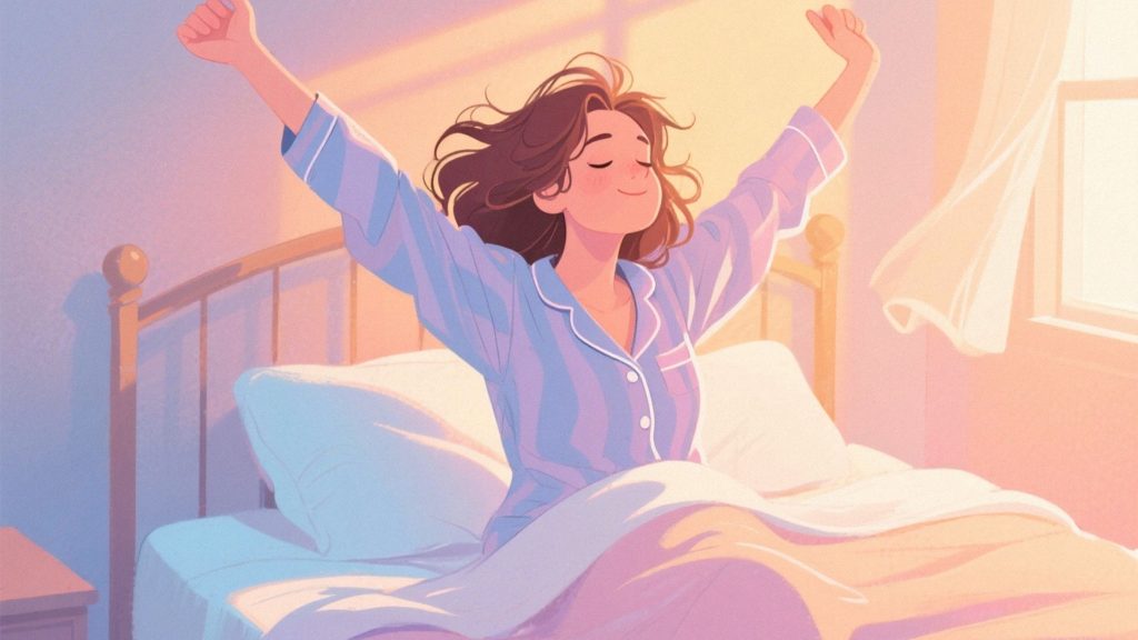 woman in pajamas stretching in bed