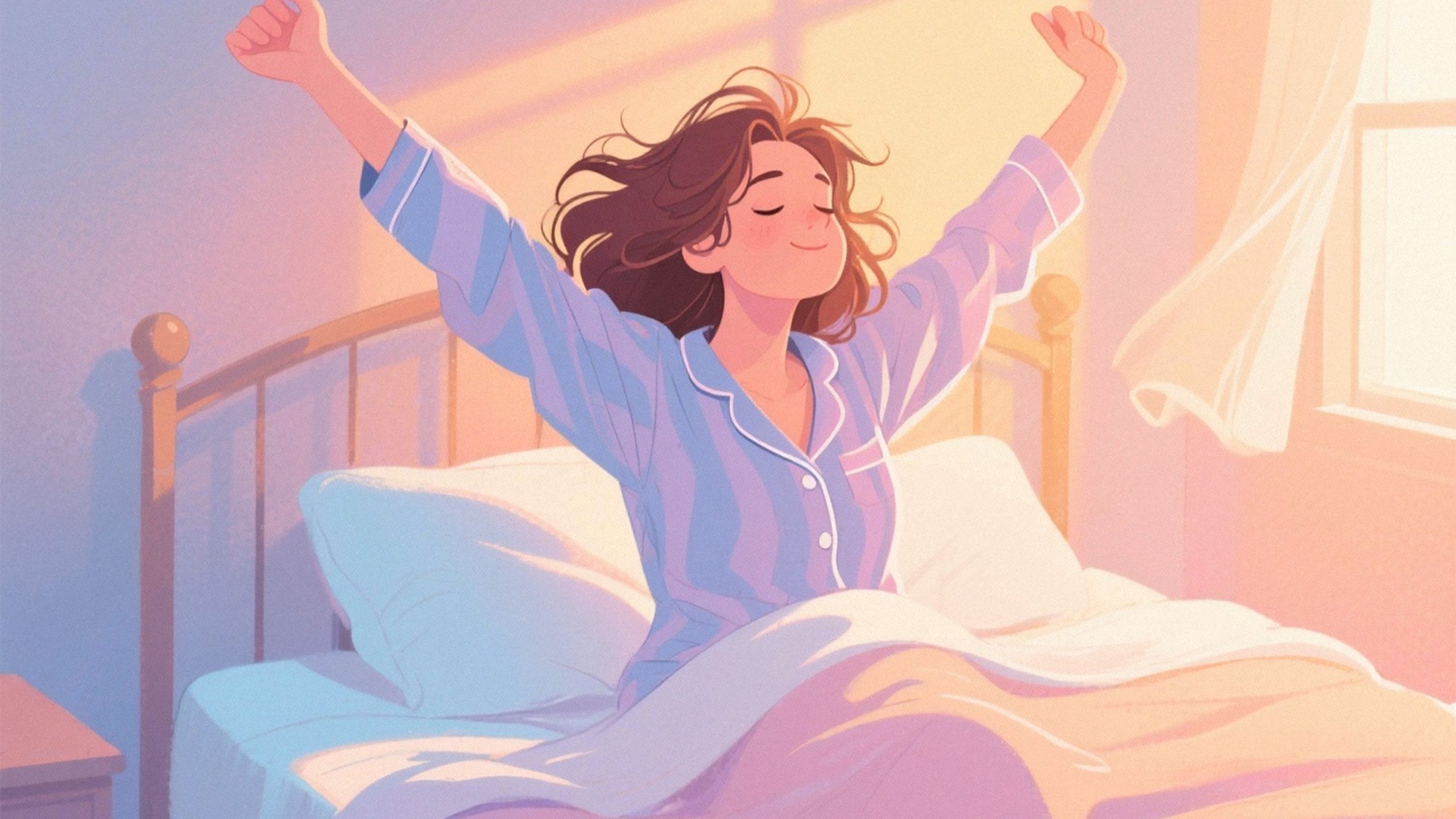 woman in pajamas stretching in bed