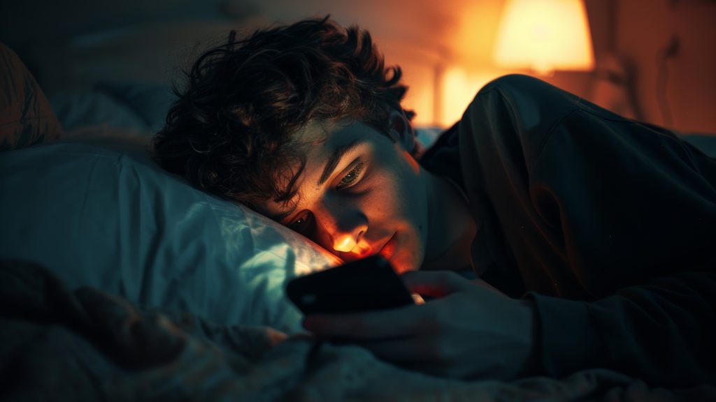 person dealing with insomnia looking at phone in bed