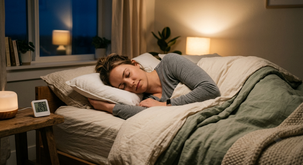 woman sleeping peacefully in bed with a digital room thermometer on the side table