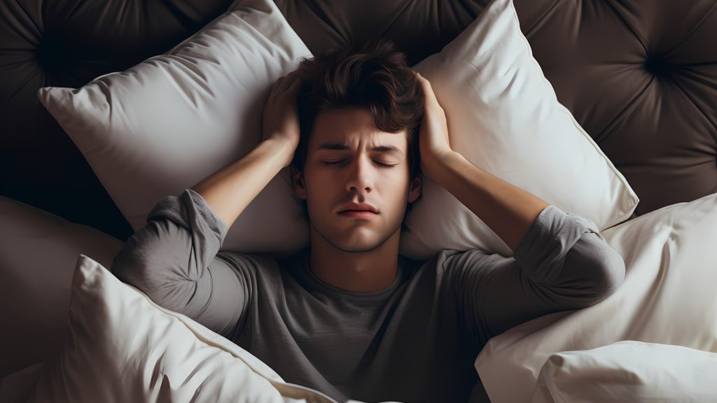 frustrated man holding his head in bed while suffering from sleep deprivation